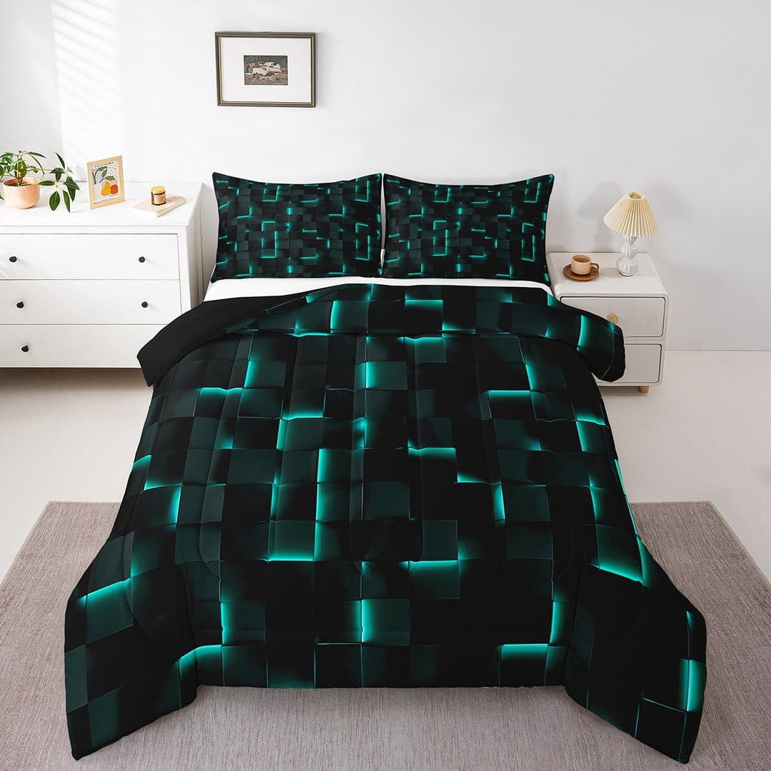 Erosebridal Geometric Plaid Bedding Twin Comforter Set,Black Teal Down Comforter,Futuristic Cubes Bedding Sets Twin with Comforter,Super Cozy Neon Bedroom Decoration,Reversible,3pcs