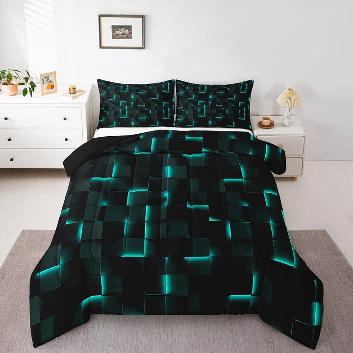 Erosebridal Geometric Plaid Bedding Twin Comforter Set,Black Teal Down Comforter,Futuristic Cubes Bedding Sets Twin with Comforter,Super Cozy Neon Bedroom Decoration,Reversible,3pcs
