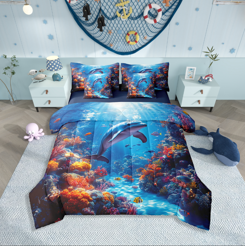 Erosebridal Dolphin Bedding Sets Twin Size,Ocean Animal Comforter Sets with Sheets,Sealife Decor,Reversible,Breathable,7-Piece