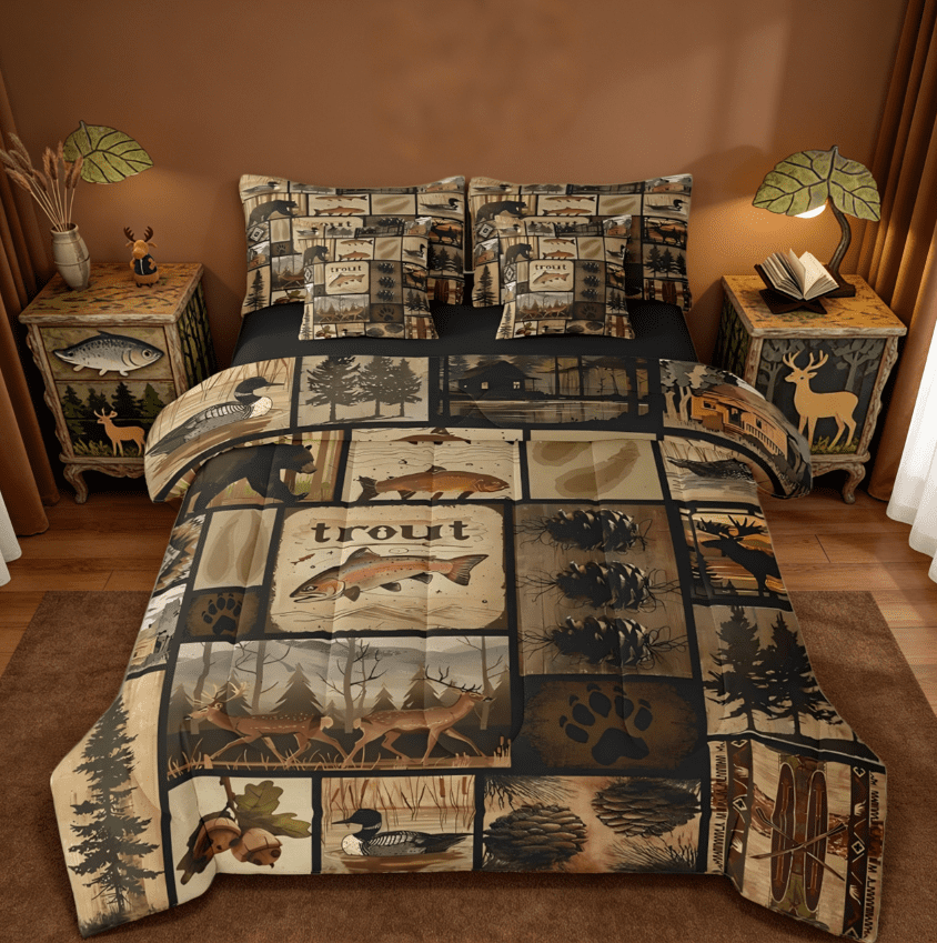 Manfei Wild Animal Wildlife Hunting 7 Pieces Bedding Comforter Set,Deer Elk Fish Duck Hunting Wooden Board Farmhouse Full Bedding Set Reversible