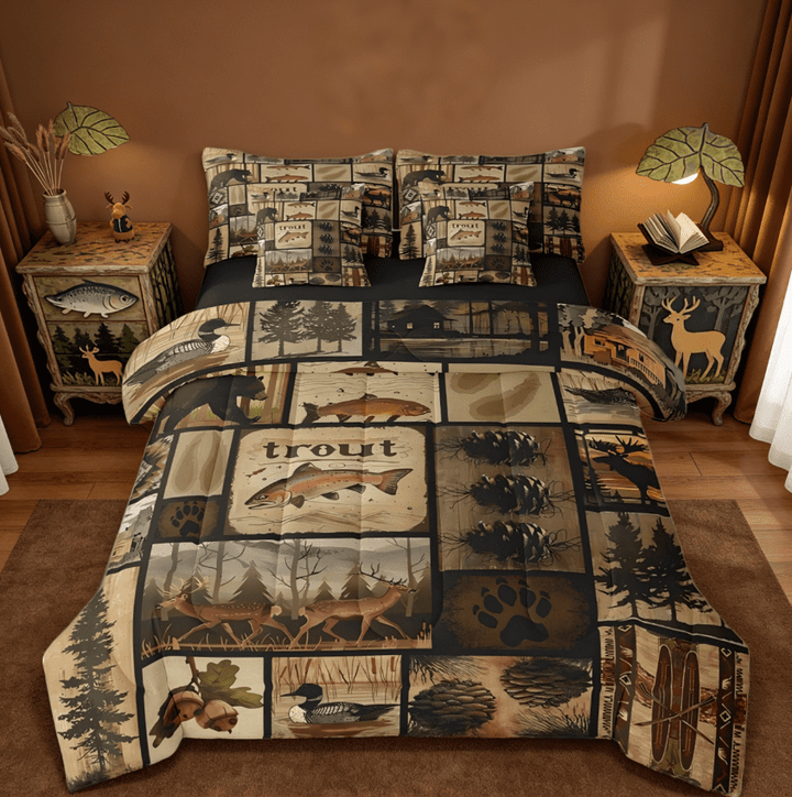 Manfei Wild Animal Wildlife Hunting 7 Pieces Bedding Comforter Set,Deer Elk Fish Duck Hunting Wooden Board Farmhouse Full Bedding Set Reversible