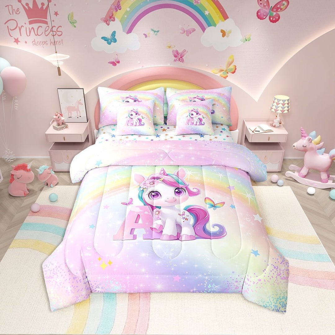 Erosebridal Initial A Letter Bedding Twin Size, Cute Unicorn Bedding Sets Twin Size, Dreamy Rainbow Decor, Reversible 7pcs