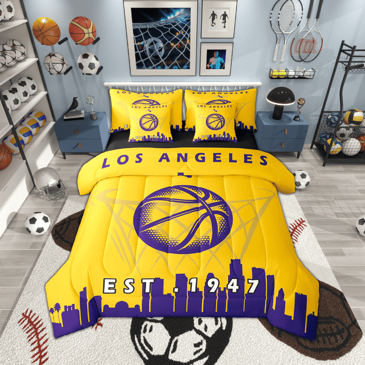 7 Pcs Comforter Set Full Size,Basketball Bed in a Bag with Flat Sheet and Fitted Sheet and Adults,Sports Bedding Set with Pillowcase and Sham,Los Angeles