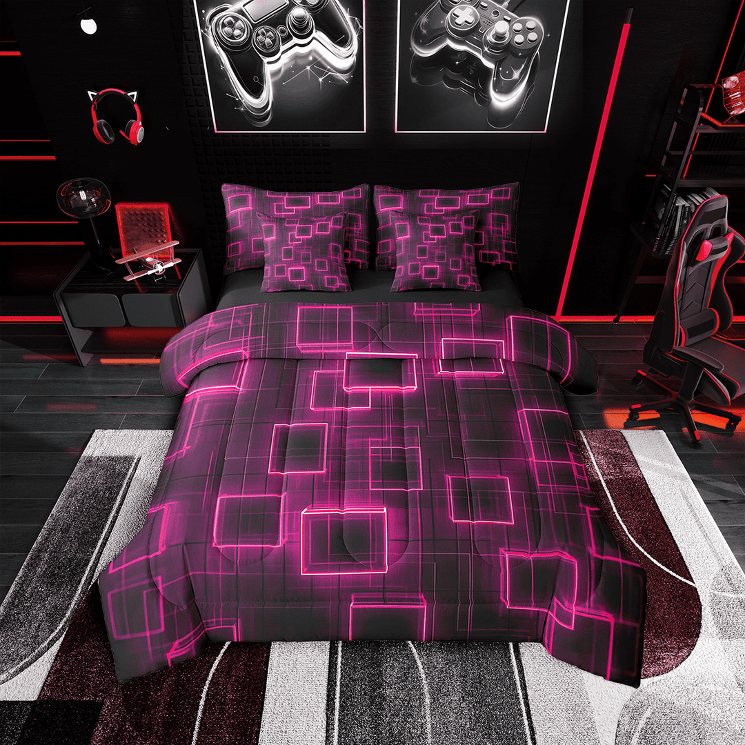 Geometry Square Twin Size Bedding Set,Pink Black Neon Square Comforter 7 Pieces Teens Geometric Gradient Cubes Sheet Set Abstract Simplicity Bed Set