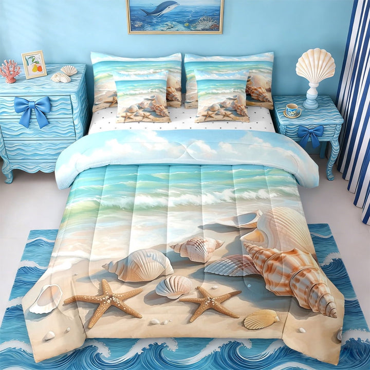 Erosebridal Sea Beach Starfish Print 7-Piece Twin Bedding Sets For Kids,Coastal Nature Theme Sea Wave Animals Starfish Bedding Comforter Set,Reversible