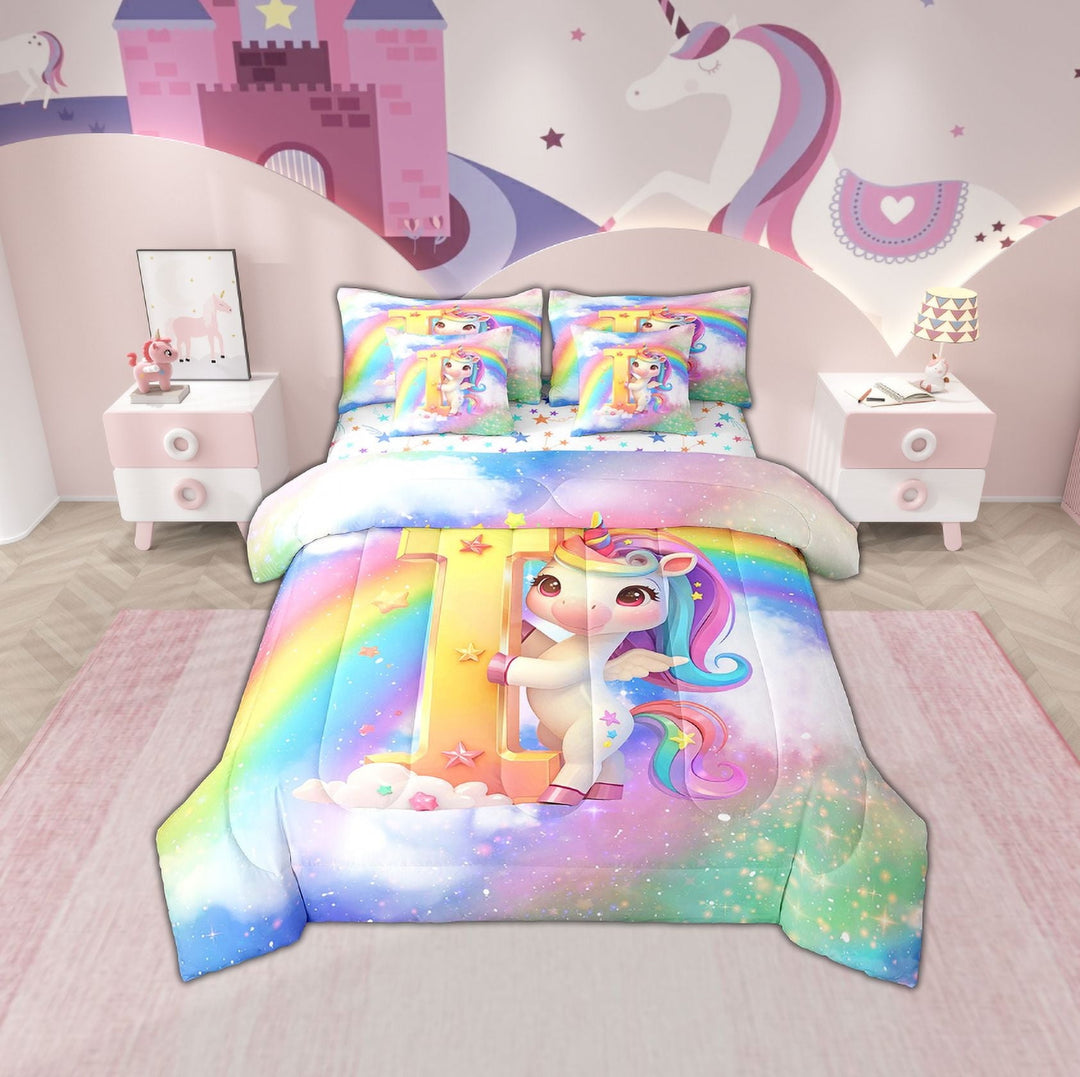 Erosebridal Initial Letter I Bedding Sets Twin Size, Rainbow Unicorn Comforter Sets with Sheets, Monogrammed Reversible Bedding Twin Size, Super Cozy Room Decoration, 7pcs