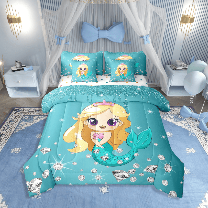 Erosebridal Blue Mermaid Bedding Sets Twin Size,Bling Sequin Print Comforter Sets With Sheets,Crystal Room Decorative,Reversible,Breathable,7Pcs