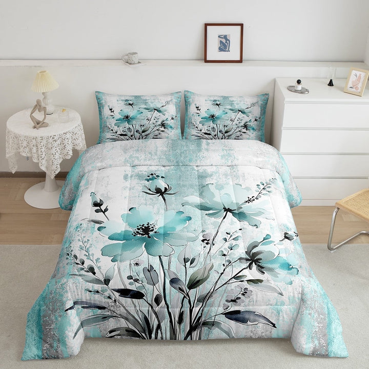 Erosebridal Groovy Daisy Bedding King Comforter Set, Flower Floral Bedding Sets King with Comforter, Cyan Watercolor Down Comforter, Ultra Soft Room Decorative, 3-Piece