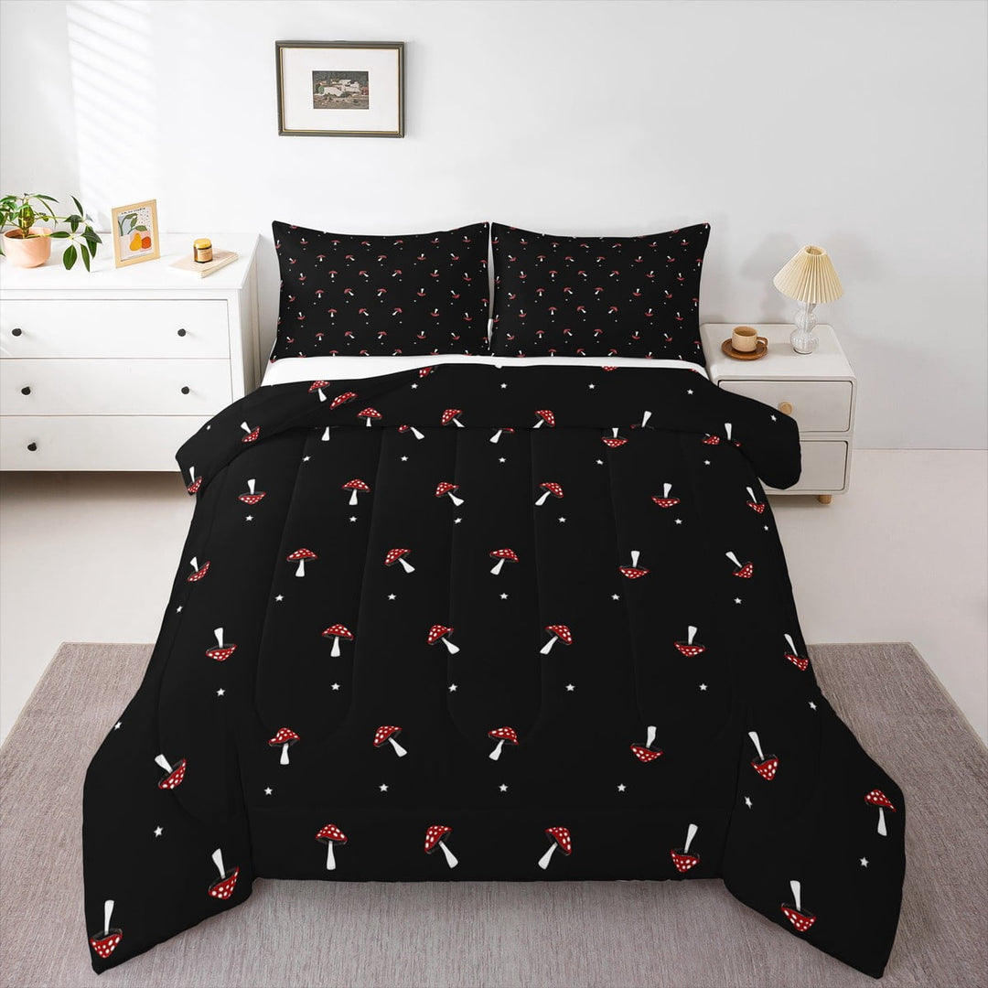 Cute Mushroom Comforter Set Queen Cartoon Kawaii Reversible Bedding Set Red Mushroom Duvet Set Mushroom Shaped Comforter Lovely Natural Wild Plants Fungus Comforter Set For Room Decor,Black