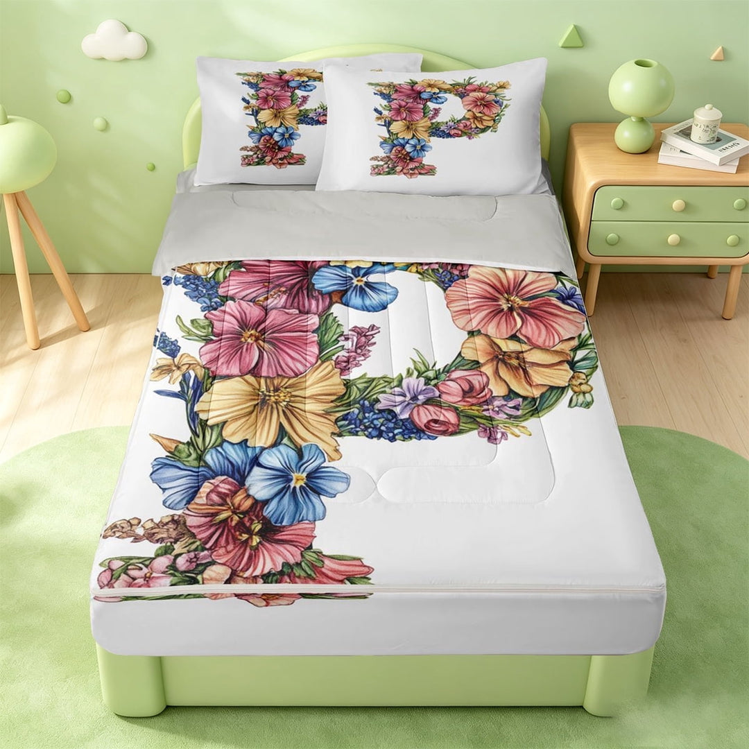 meiyoeat Watercolor Bloom Floral Zipper Twin Comforter Sets with Fitted Sheet and 2 Pillowcases For Girls,Personalized Monogram P Zipper Bedding Set,Light Gray Reversible,4-Piece