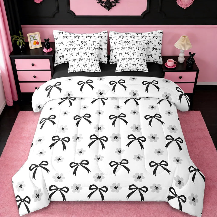 Erosebridal Black Cartoon Bowknot 7-Piece Twin Bedding Sets,Kawaii Bow Girls Bedding Comforter Set For Teens,Reversible