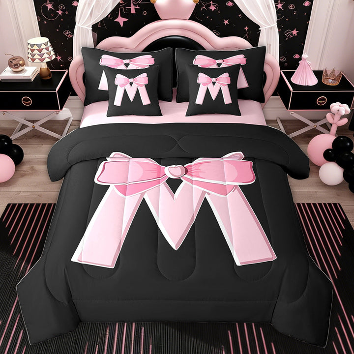 Erosebridal Initial Letter M Bed in a Bag Twin size, Princess Black Pink Bed Set, Kawaii Bow-tie Reversible Bedding Twin Size, 7 Pieces