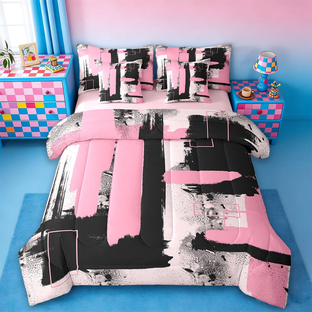 Erosebridal Abstract Graffiti Stripes Bedding Twin Size,Modern Splashing Ink Comforter Sets with Sheets,Pink White Bedding Sets Twin Size,Microfiber Bedroom Decoration Reversible,7pcs