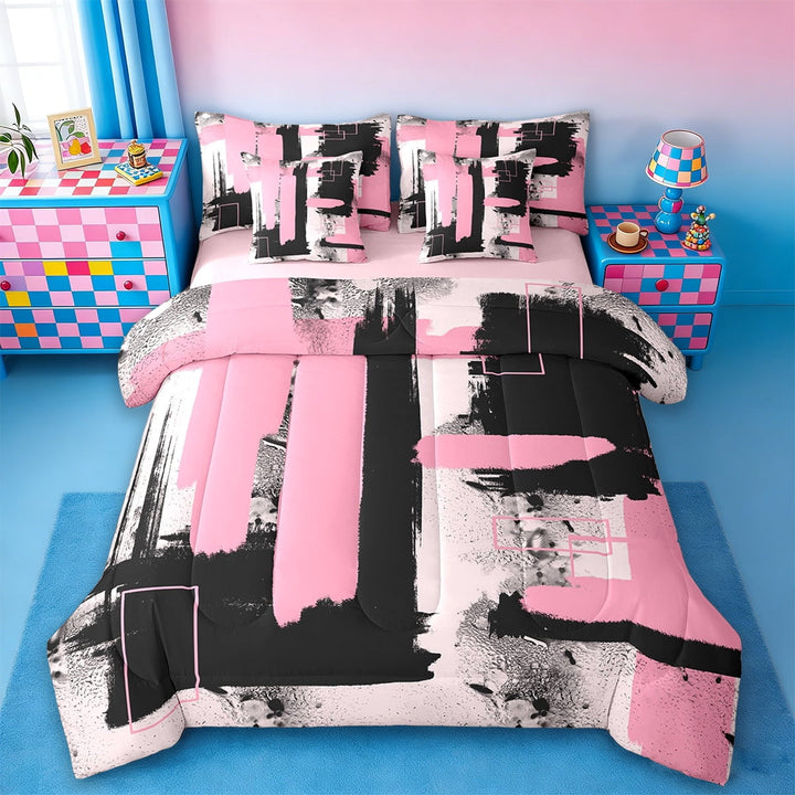 Erosebridal Abstract Graffiti Stripes Bedding Twin Size,Modern Splashing Ink Comforter Sets with Sheets,Pink White Bedding Sets Twin Size,Microfiber Bedroom Decoration Reversible,7pcs