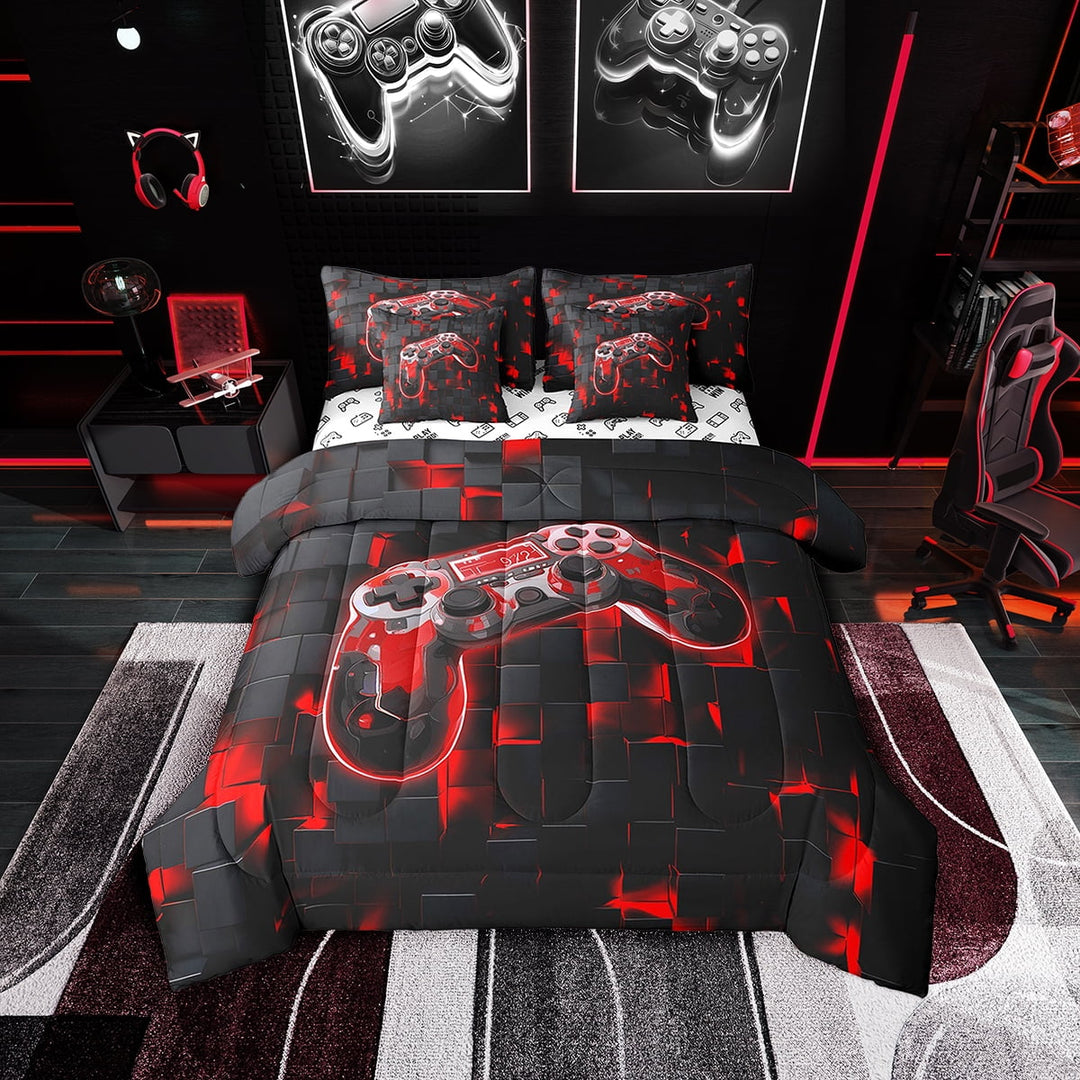 Comforter Set Twin Size Game Console Comforter Set Bed in a Bag Black and Red Gamepad Gaming Bed Comforter with Sheets, Pillowcases and Throw Pillow Covers(Red, Twin 7Pcs)