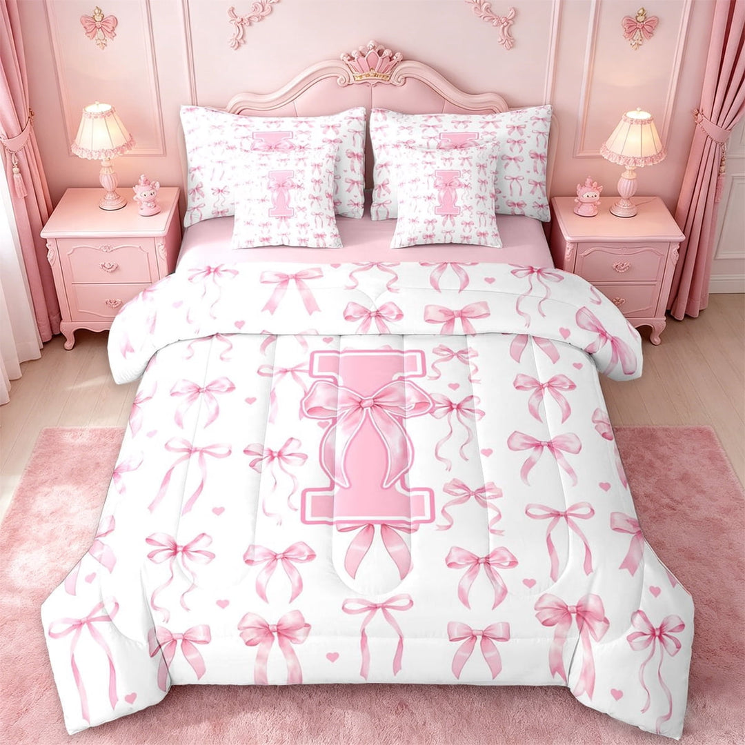 Manfei Pink Princess Bow 7 Pieces Bedding Comforter Set For Girl,Letter I Initial Lettering Full Bedding Set For Kids,Pink Reversible