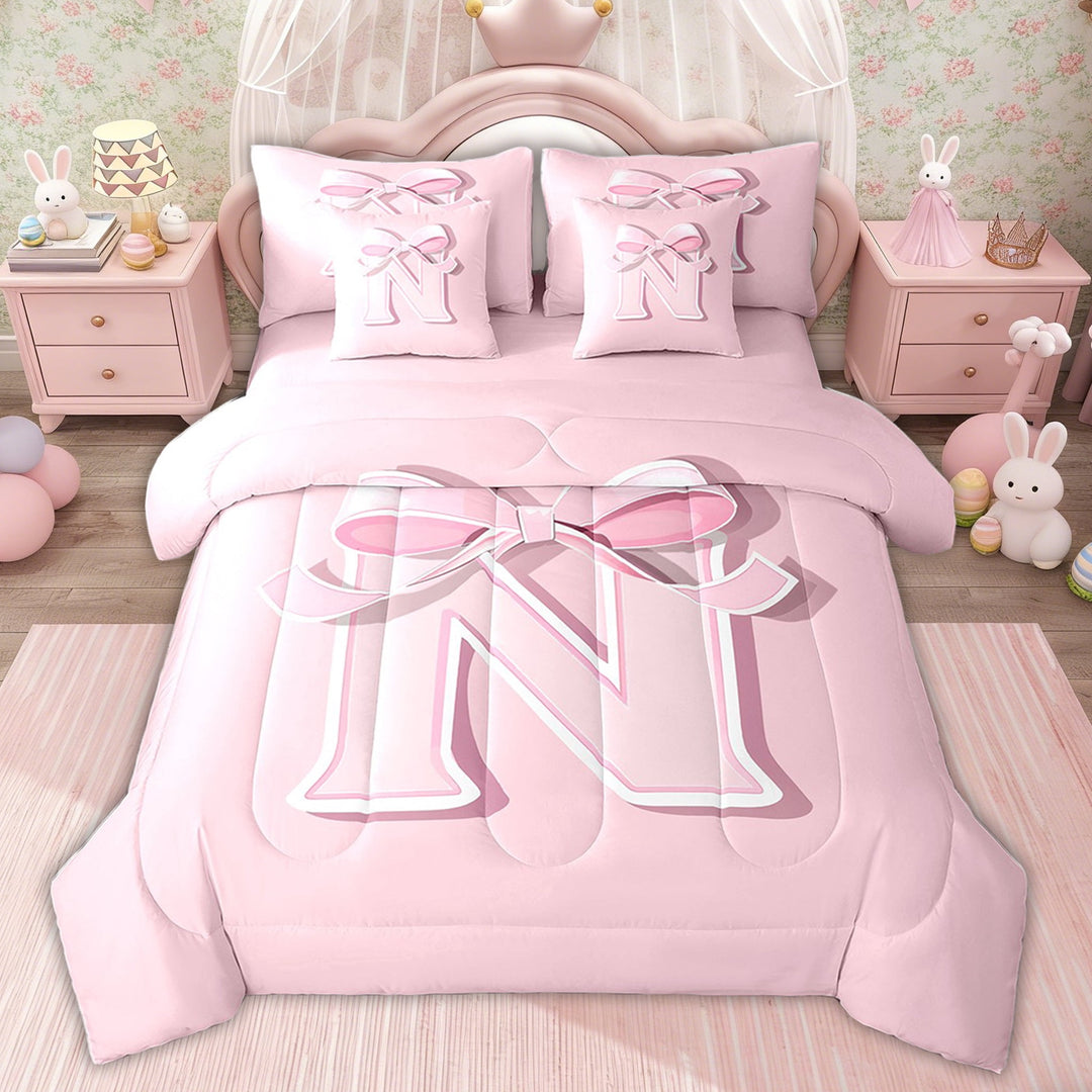 Erosebridal Princess Girly Bowknot Comforter Bedding Sets Twin Size, Initial Letter N Reversible Bed Set, 7pcs