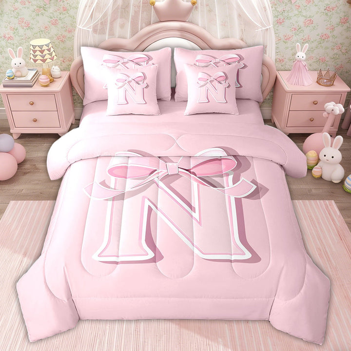 Erosebridal Princess Girly Bowknot Comforter Bedding Sets Twin Size, Initial Letter N Reversible Bed Set, 7pcs