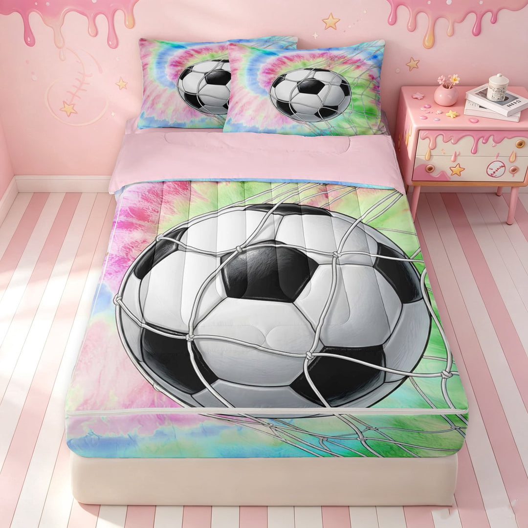 meiyoeat Tie Dye Soccer Zipper Full Size Comforter Sets with Fitted Sheet and 2 Pillowcases for Boys, Spiral Watercolor Artwork Zipper Bedding Set, Pink Blue, Pink Reversible, 4pcs