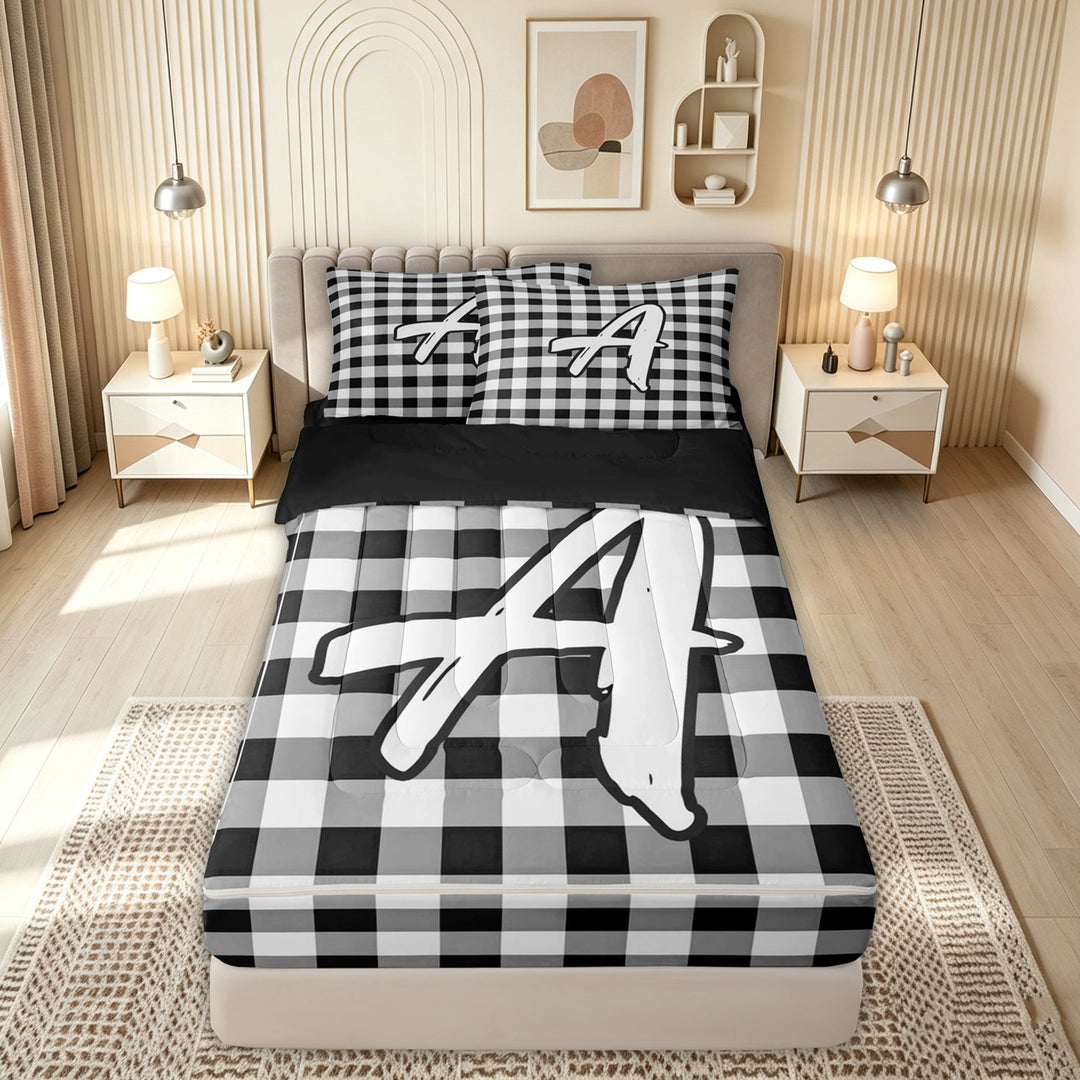 meiyoeat Graffiti Letter A Zipper Comforter Set with Fitted Sheet and 2 Pillowcases for Boys, Checkered Grid Zipper Bedding Set for Bedroom, Black White, Black Reversible, 3 Pieces