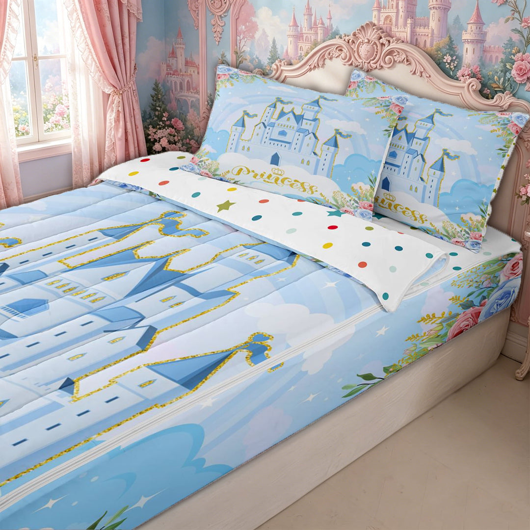meiyoeat Princess Castle Zipper Twin Comforter Sets with Fitted Sheet and 2 Pillowcases for Kids Girls, Floral Crown Zipper Bedding Set for Bedroom, Blue, Polkadot ReversibleG