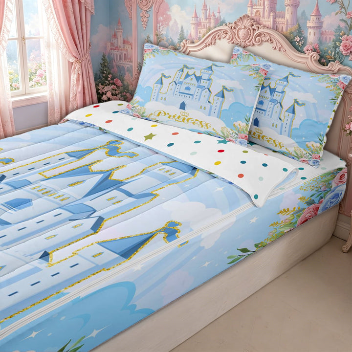 meiyoeat Princess Castle Zipper Twin Comforter Sets with Fitted Sheet and 2 Pillowcases for Kids Girls, Floral Crown Zipper Bedding Set for Bedroom, Blue, Polkadot ReversibleG