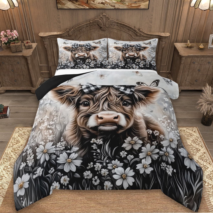 Erosebridal Cute Highland Cattle Comforter Sets Twin Size,Vintage Farm Animal Comforters &amp; Duvets,White Floral Bedding Twin Comforter Set,Ultra Soft Bedroom Decorative Reversible,2-Piece