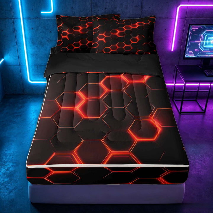 meiyoeat Neon Honeycomb Pattern Zipper Full Size Comforter Sets with Fitted Sheet and 2 Pillowcases for Boys Girls, Geometric Hexagon Zipper Bedding Set, Red, Black Reversible