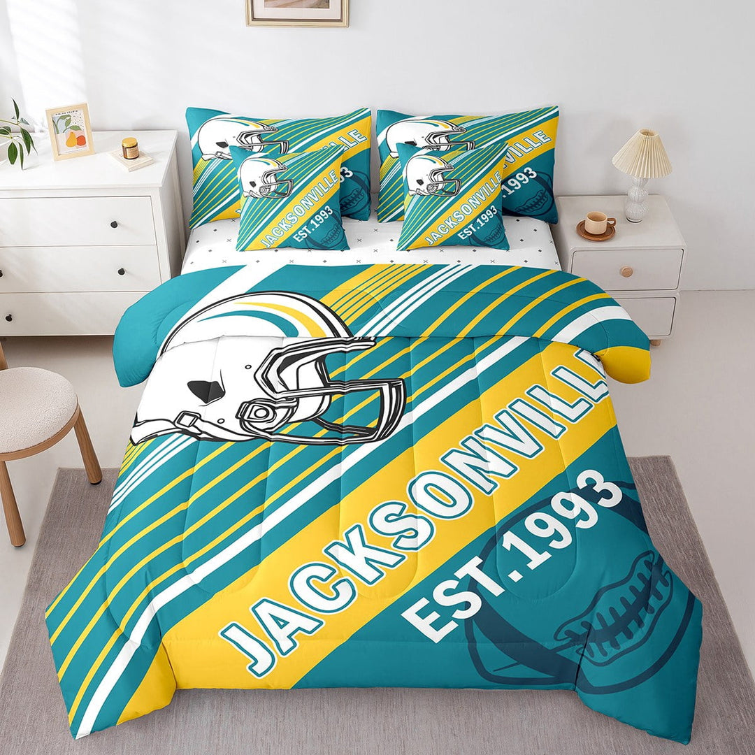 Erosebridal Rugby Bedding Sets Twin Size,Stripes Sport Comforter Sets with Sheets,Football Gaming Decor (Jacksonvlle),Reversible,Breathable,7-Piece