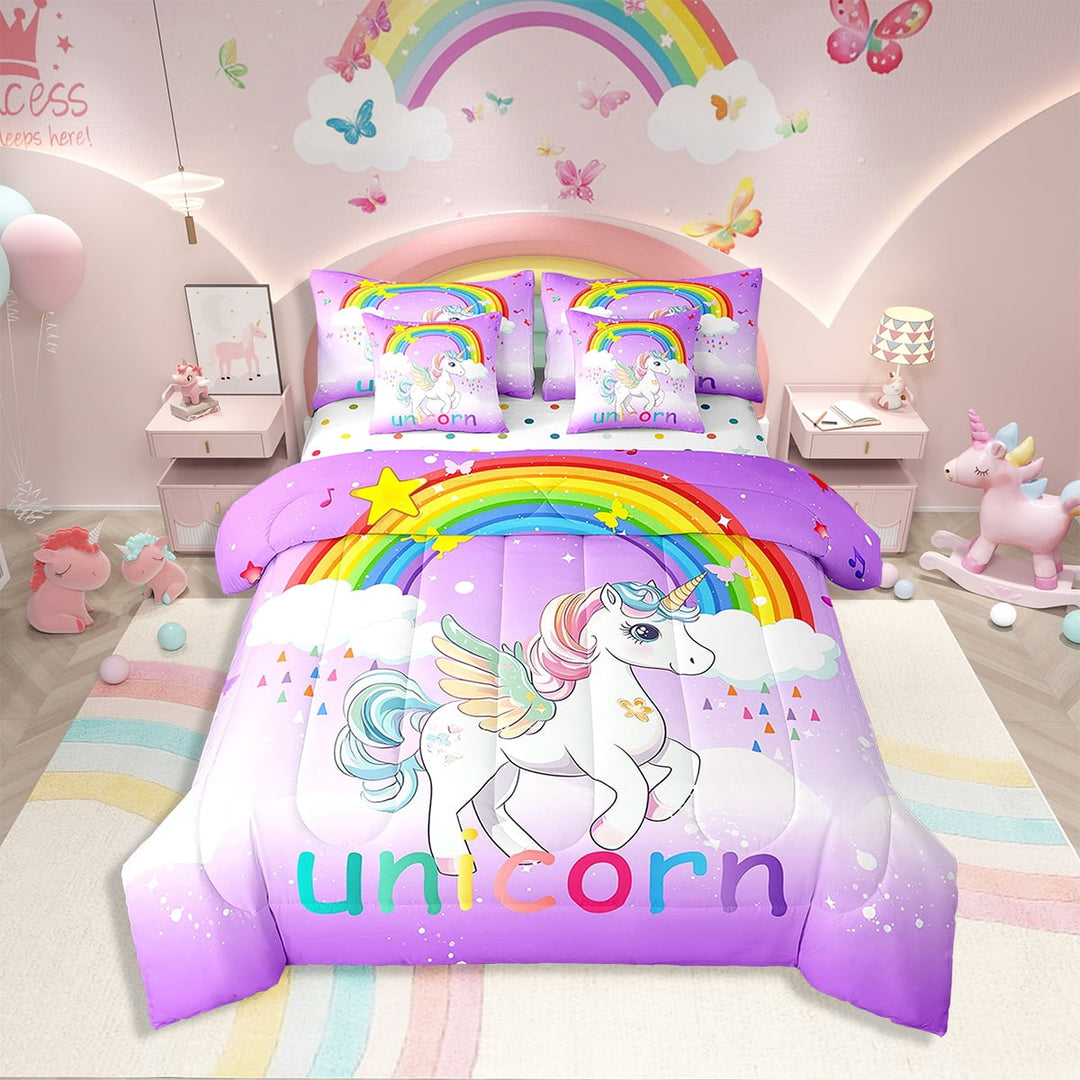 7 Pcs Comforter Set Twin Size,Purple Unicorn Bed in a Bag with Flat Sheet and Fitted Sheet Teens Adult,Rainbow Unicorn Stars Galaxy Cloud Bedding Set with Pillowcase and Sham