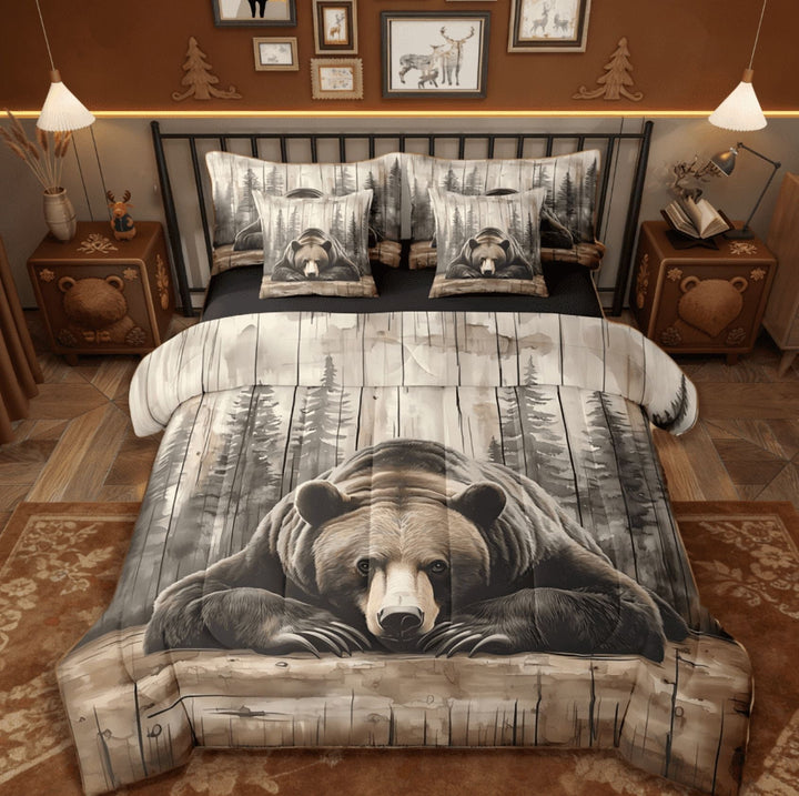 Manfei Wildlife Grizzly Bear 7 Pieces Bedding Comforter Set,Hunting Wild Animal Rustic Farmhouse Cabin Full Bedding Set For Boys Reversible