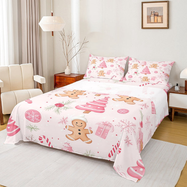 Manfei Dreamy Christmas Festival Queen Sheet Sets for Kids, Pink Xmas Tree Flat Sheet, Gingerbread Man Queen Fitted Sheet, Microfiber Bedroom Decor, 4 Pieces