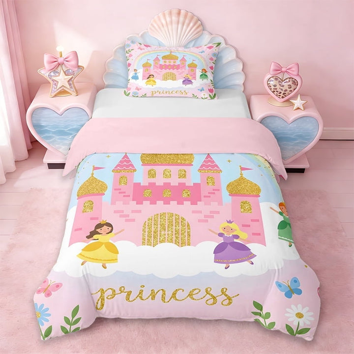 Erosebridal Cartoon Princess Castle Twin Bedding,Colorful Cute Girls Kawaii Flowers Blossom Duvet Cover Set For Kids,Reversible Pink,2-Piece(No Comforter)