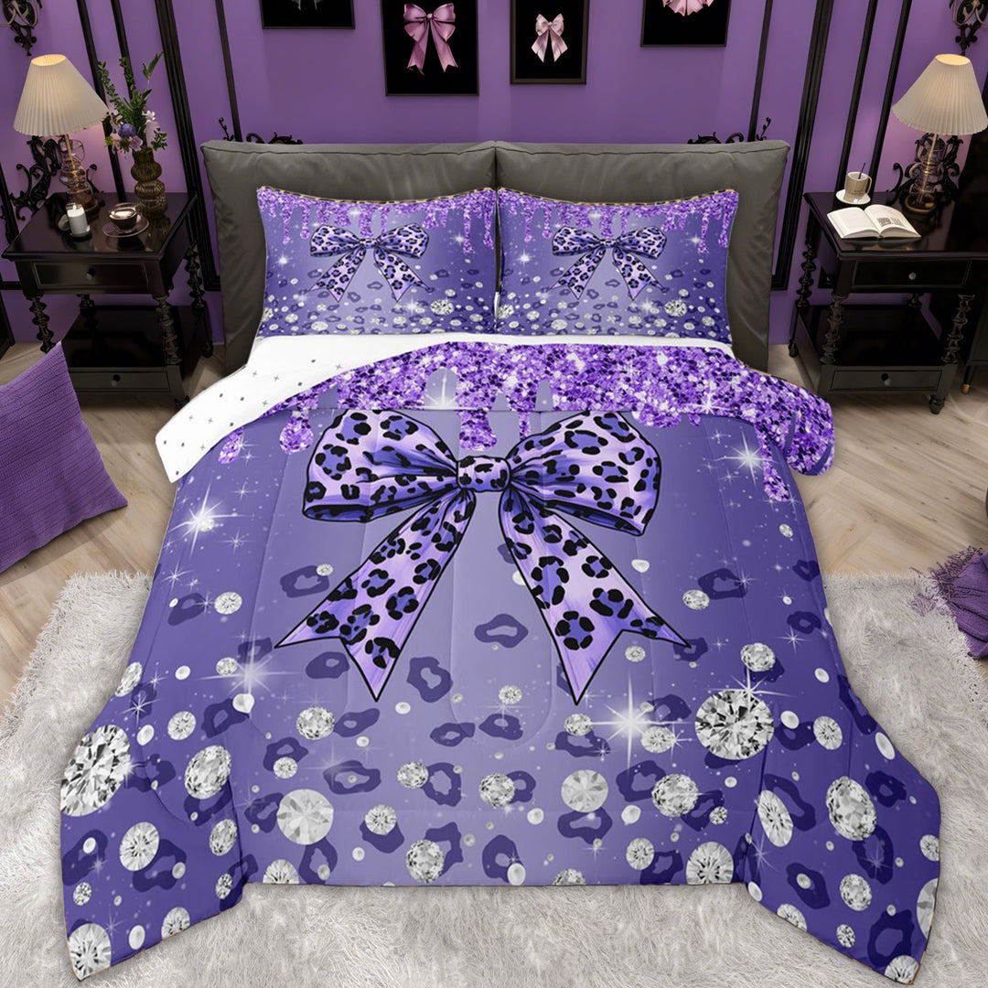 Erosebridal Leopard Print Bowknot Full Size Comforter Sets for Kids, Purple Sequin Print Bedding Sets, 3-Piece