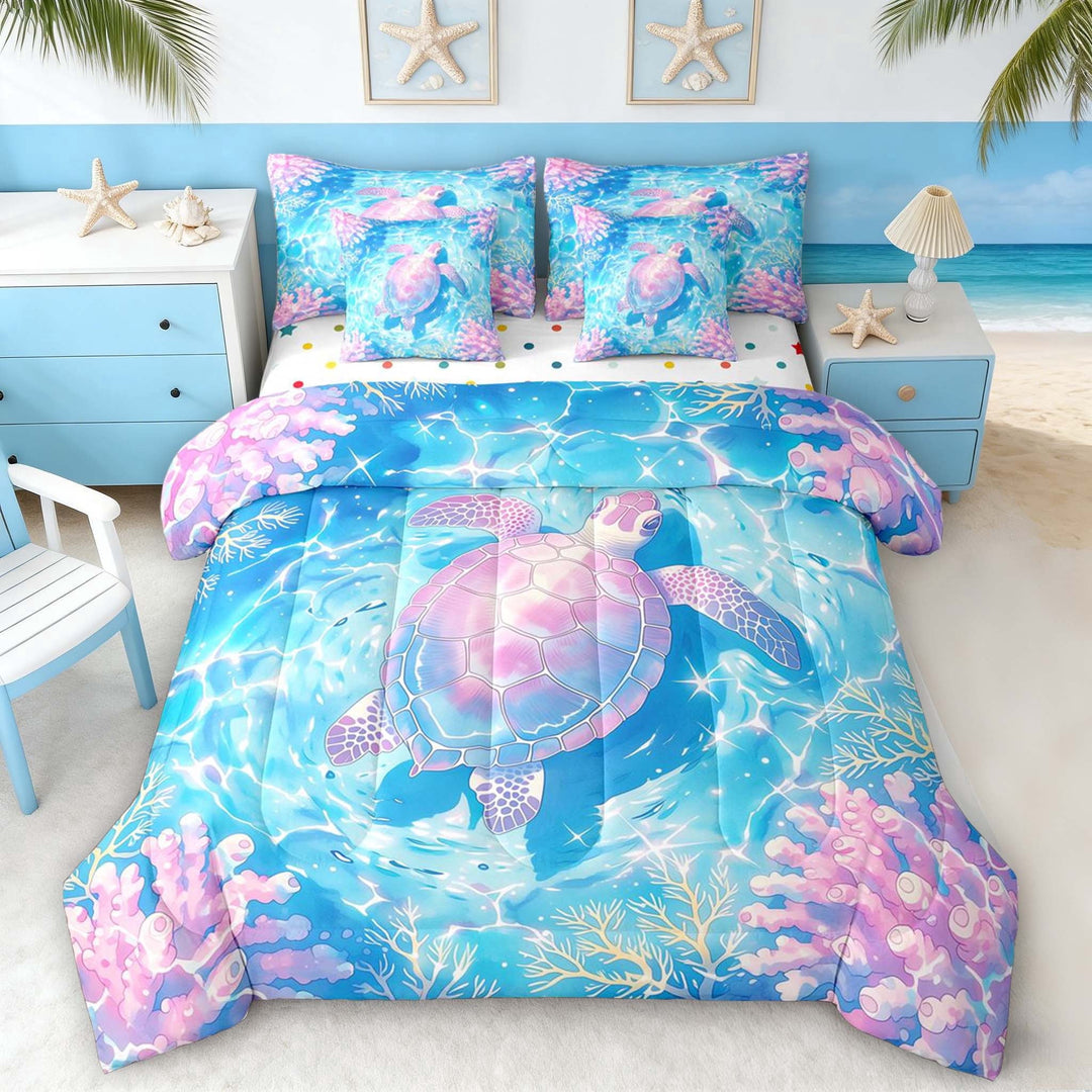 Manfei Watercolor Sea Turtle Bedding Comforter Set for Kids Boys and Girls, Pink Underwater Coral Full Bedding Set, Polka Dots Reversible 7pcs
