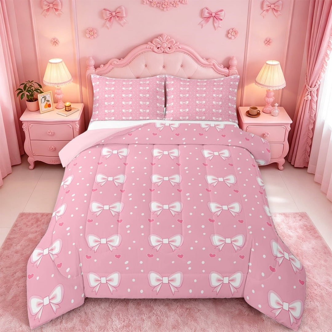 meiyoeat Pink Bowknot Full Size Comforter Sets For Girls,Cute Loves Pattern Bedding Comforter Set For Women,Pink Reversible,3pcs