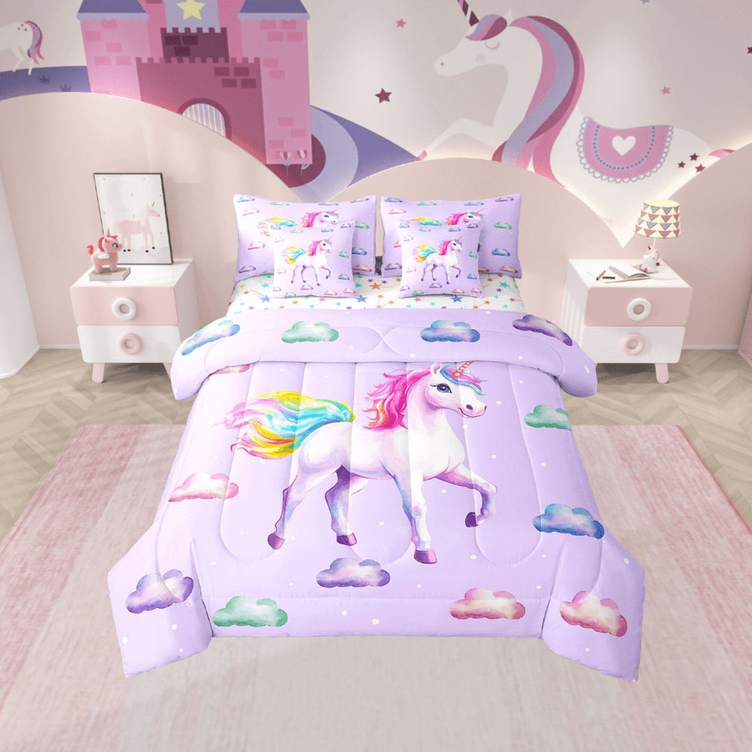 Erosebridal Purple Unicorn Bedding Sets Twin Size,Kawaii Animal Comforter Sets with Sheets,Polka Dots Bed in a Bag Twin size,Breathable Cartoon Bedroom Decorative,Reversible,7-Piece