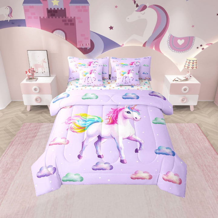 Erosebridal Purple Unicorn Bedding Sets Twin Size,Kawaii Animal Comforter Sets with Sheets,Polka Dots Bed in a Bag Twin size,Breathable Cartoon Bedroom Decorative,Reversible,7-Piece