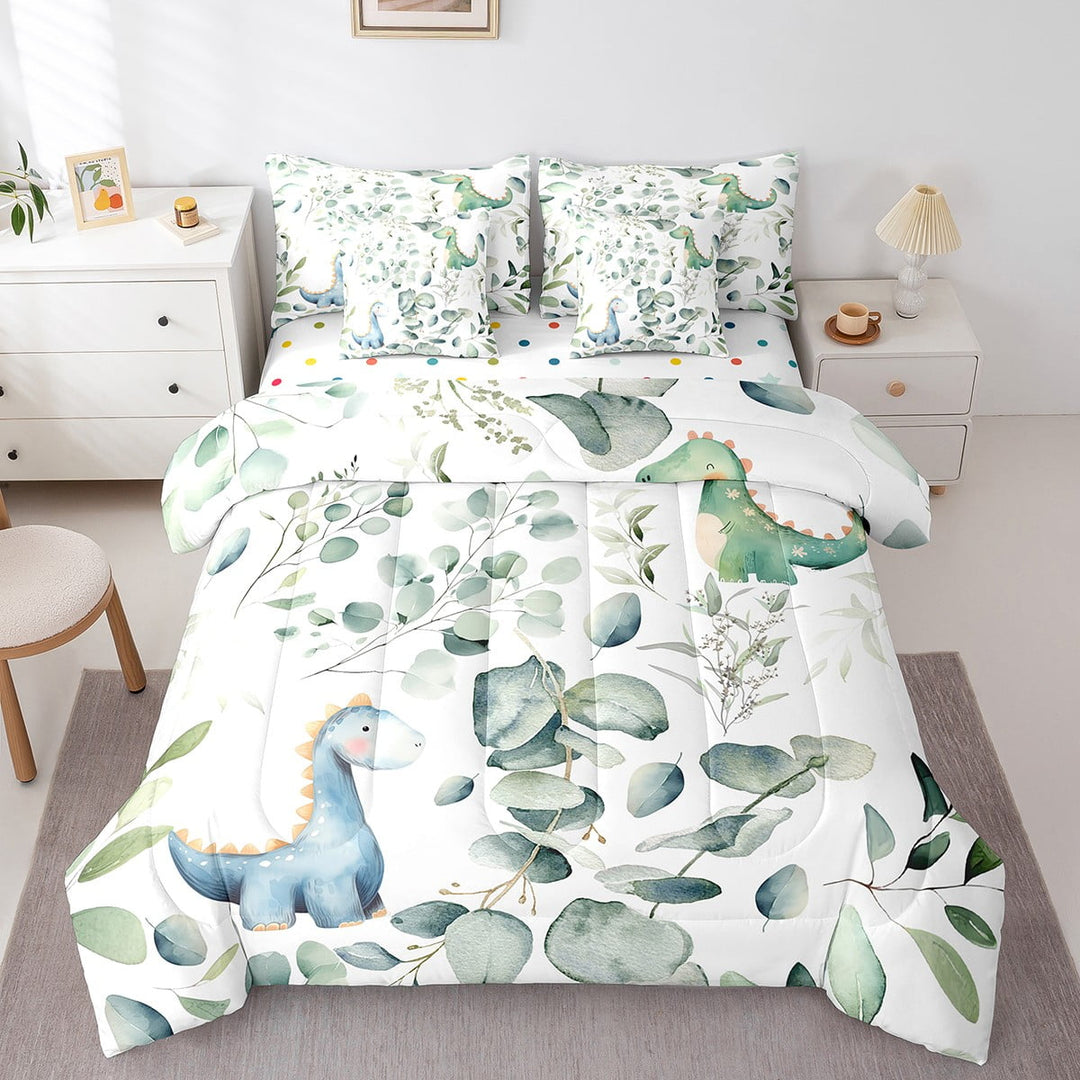 Erosebridal 7-Piece Kawaii Dinosaur Bedding Twin Cartoon Animal Dino Comforter Set, Eucalyptus Leaves Bedding Comforter Sets Jungle Wildlife Bed in a Bag, Botanical Bedding Accessories