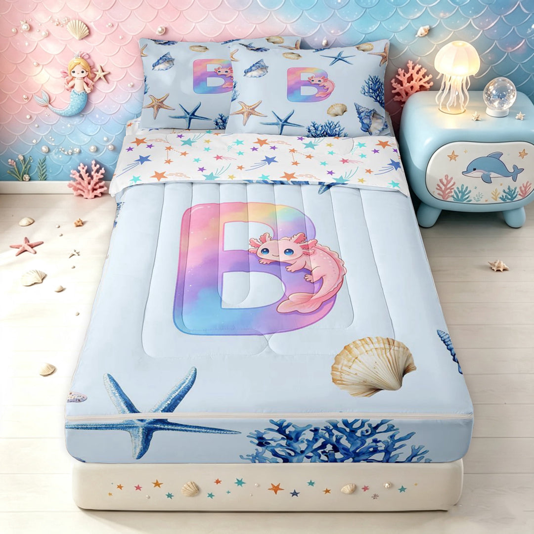 meiyoeat Rainbow Monogrammed B Zipper Twin Comforter Sets with Fitted Sheet and 2 Pillowcases for Girls, Cute Blue Ocean Axolotl Zipper Bedding Set, Star Reversible, 4 Pieces