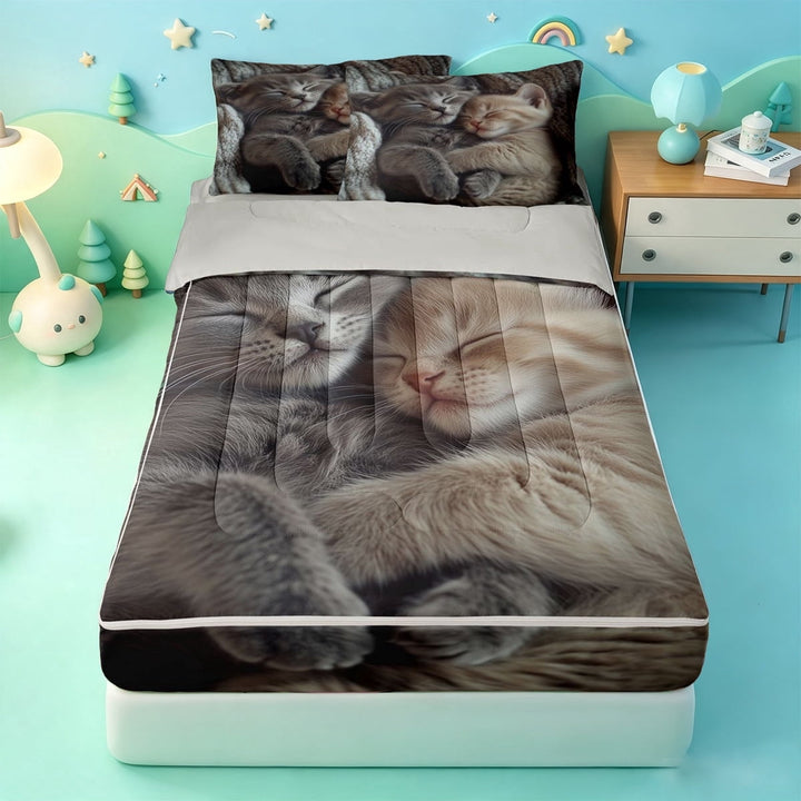 meiyoeat Kawaii Kitten Zipper Twin Comforter Sets with Fitted Sheet and 2 Pillowcases,Cute Pet Animal Zipper Bedding Set,Light Gray Reversible,4pcs