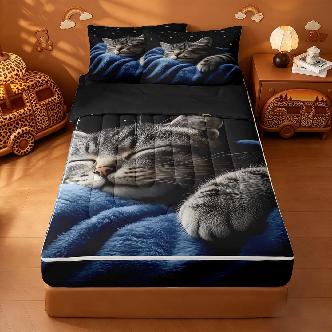 meiyoeat Starry Night Cat Zipper Twin Comforter Sets with Fitted Sheet and 2 Pillowcases,Pet Animal Print Zipper Bedding Set For Girl,Reversible,4 Pieces