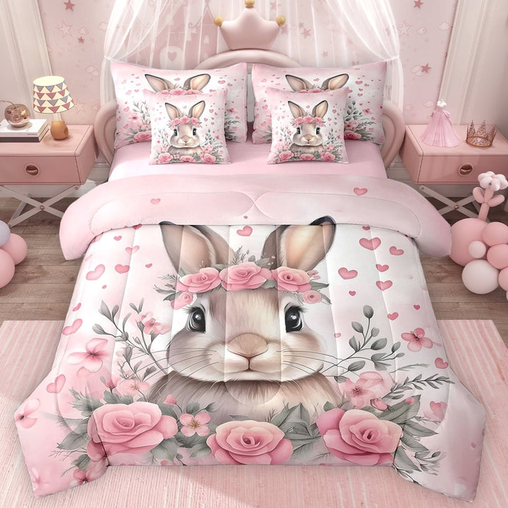Erosebridal Happy Easter Rabbit Twin Bedding Sets for Girls, Pink Flower Bedding Comforter Set, Pink Reversible, 7pcs