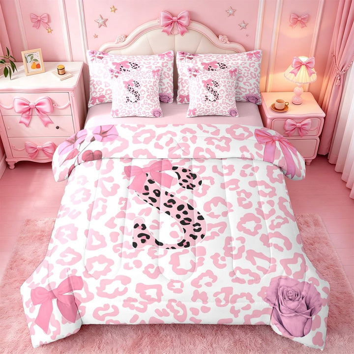 Erosebridal Pink Leopard Letter S Initial Lettering 7-Piece Twin Bedding Sets For Girls Kids,Lovely Bow Tie Bedding Comforter Set,Pink Reversible