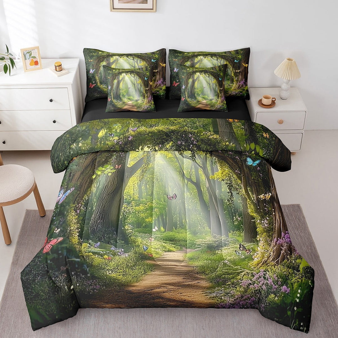 7 Piece Forest Bedding Set Twin Comforter Set,Magical Woodland Jungle Bed in a Bag,Dreamy Misty Scene Flat Fitted Sheet,Rainbow Butterfly Bedding Comforter Sets