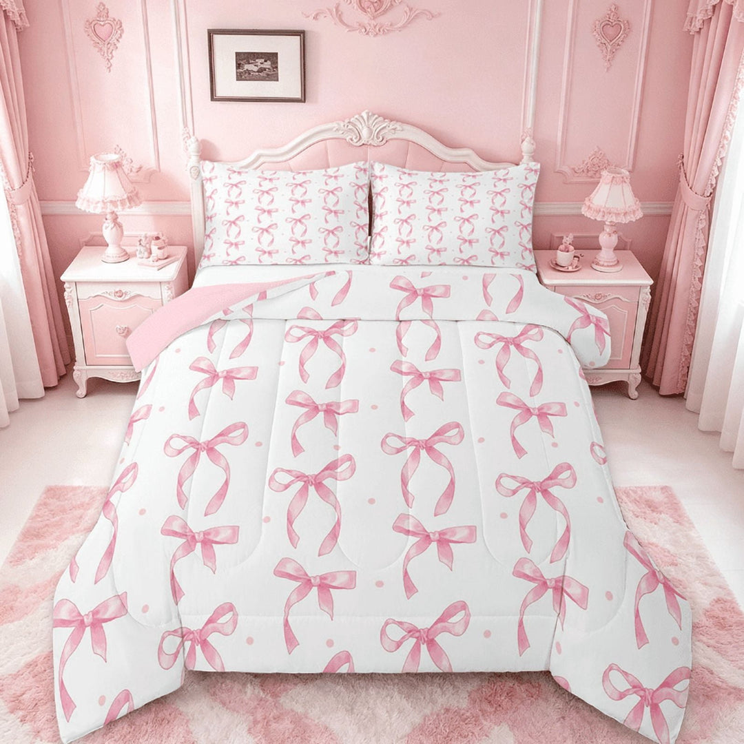 Manfei Girls Pink Bows Full Size Comforter Sets For Kids,Bowknot Princess Bedding Comforter Set,Kawaii Ribbon Bowtie Bedding Sets,Reversible Pink,3 Pieces