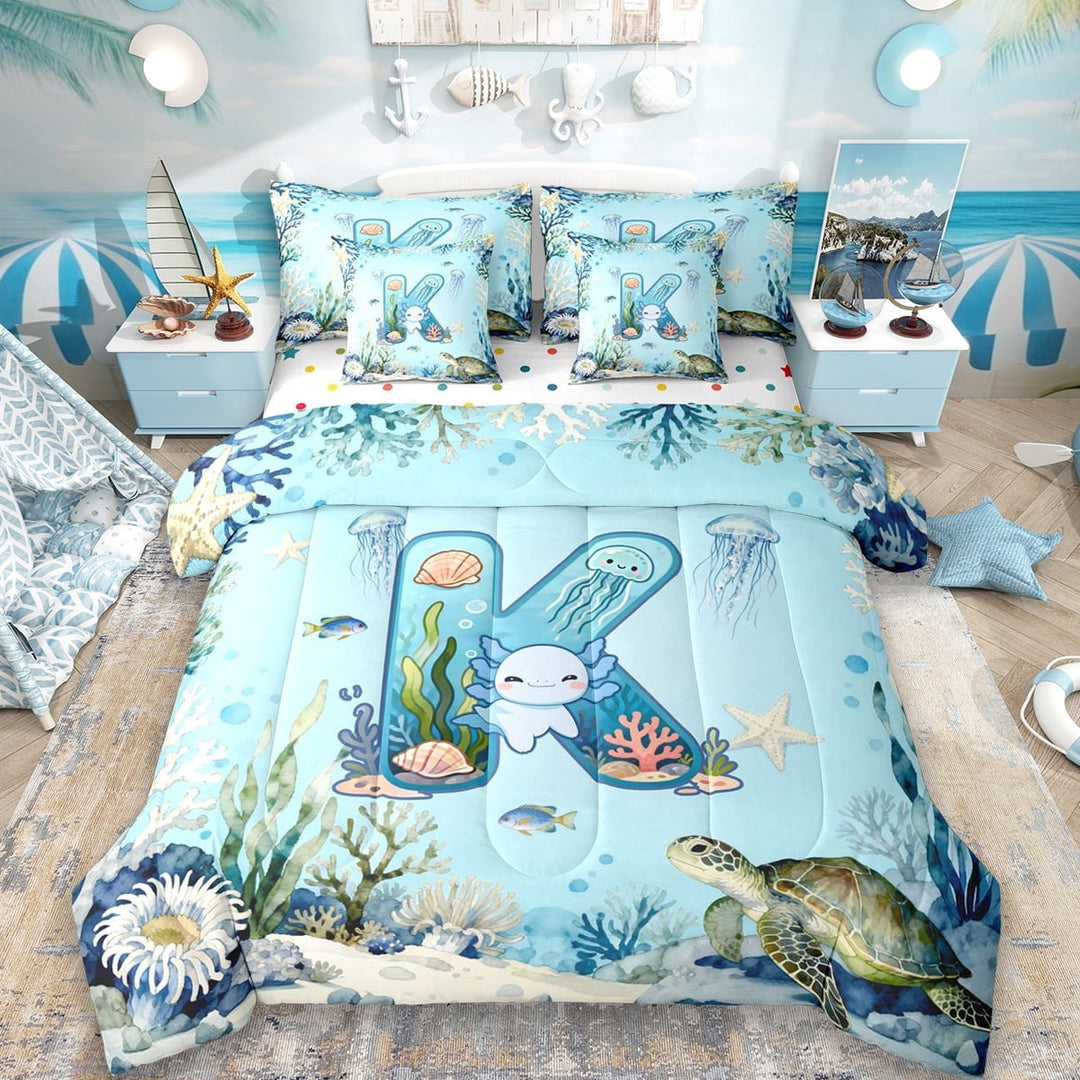 Erosebridal Ocean Style Kids 7-Piece Twin Bedding Sets,Cartoon Animal Monogrammed K Bedding Comforter Set For Kids,Reversible