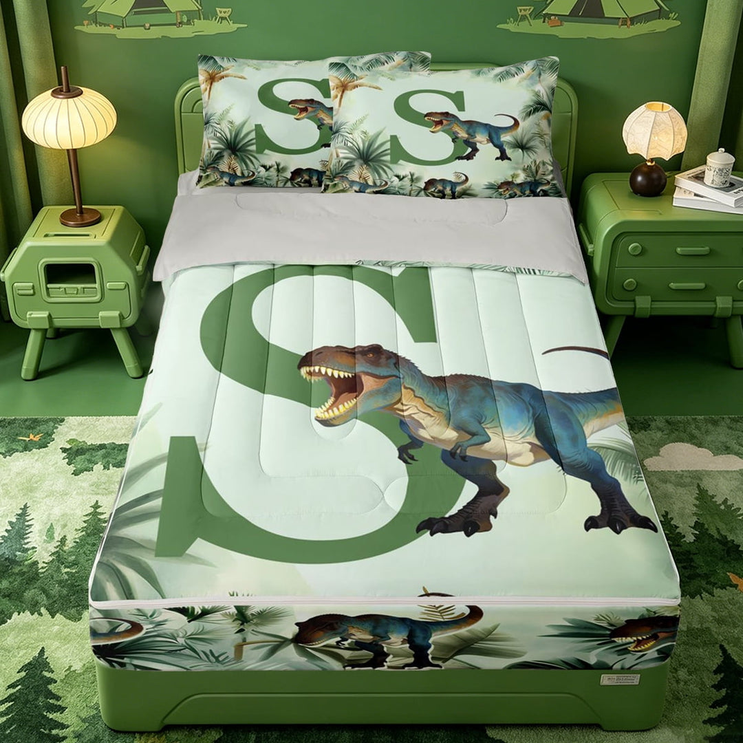 meiyoeat dino Monogram Print S Zipper Twin Comforter Sets with Fitted Sheet and 2 Pillowcases,Safari Dinosaur Design Zipper Bedding Set,Light Gray Reversible,4 Pieces