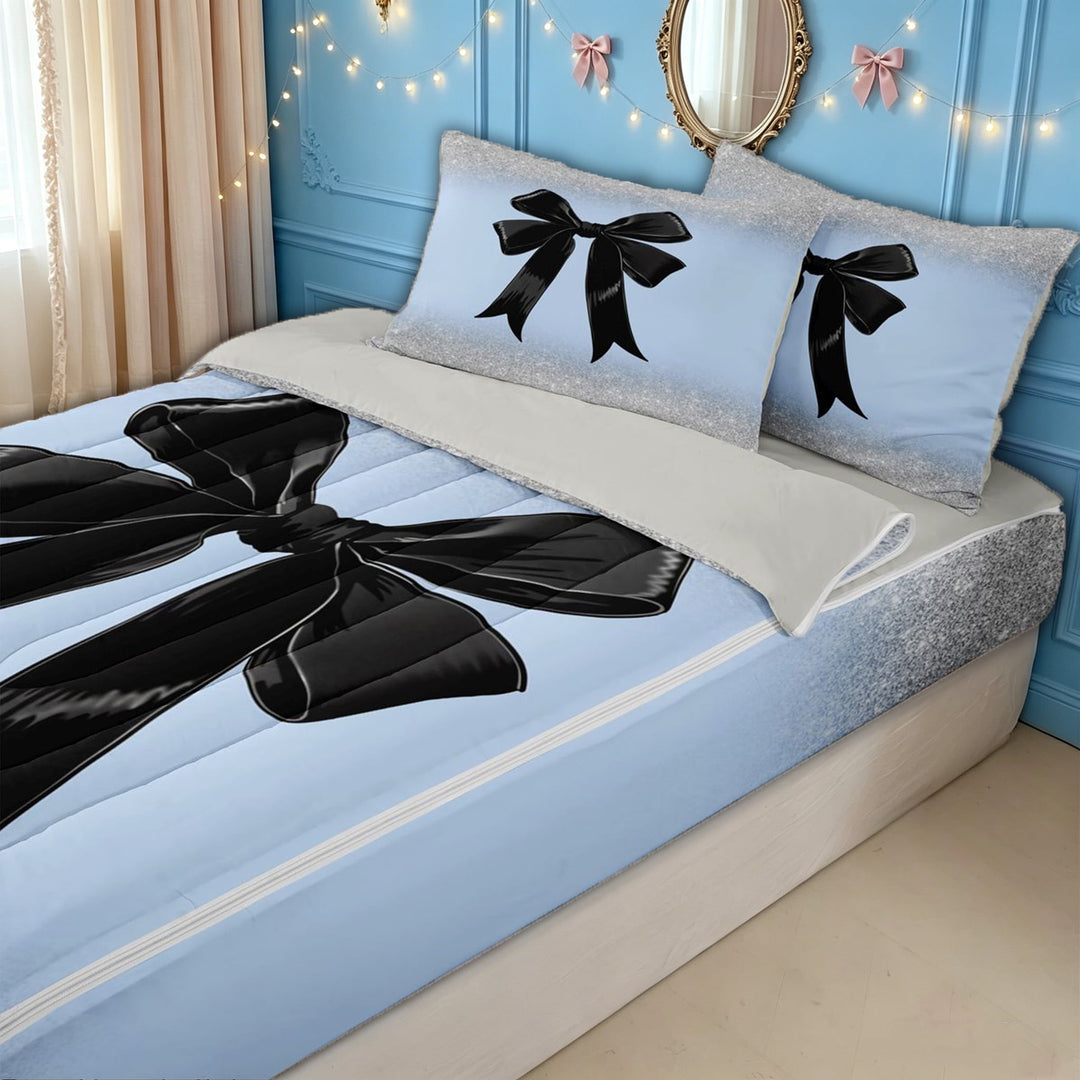 meiyoeat Chic Bow Zipper Twin Comforter Sets with Fitted Sheet and 2 Pillowcases for Kids Girls, Glitter Gradient Zipper Bedding Set for Bedroom, Blue Black, Grey ReversibleG