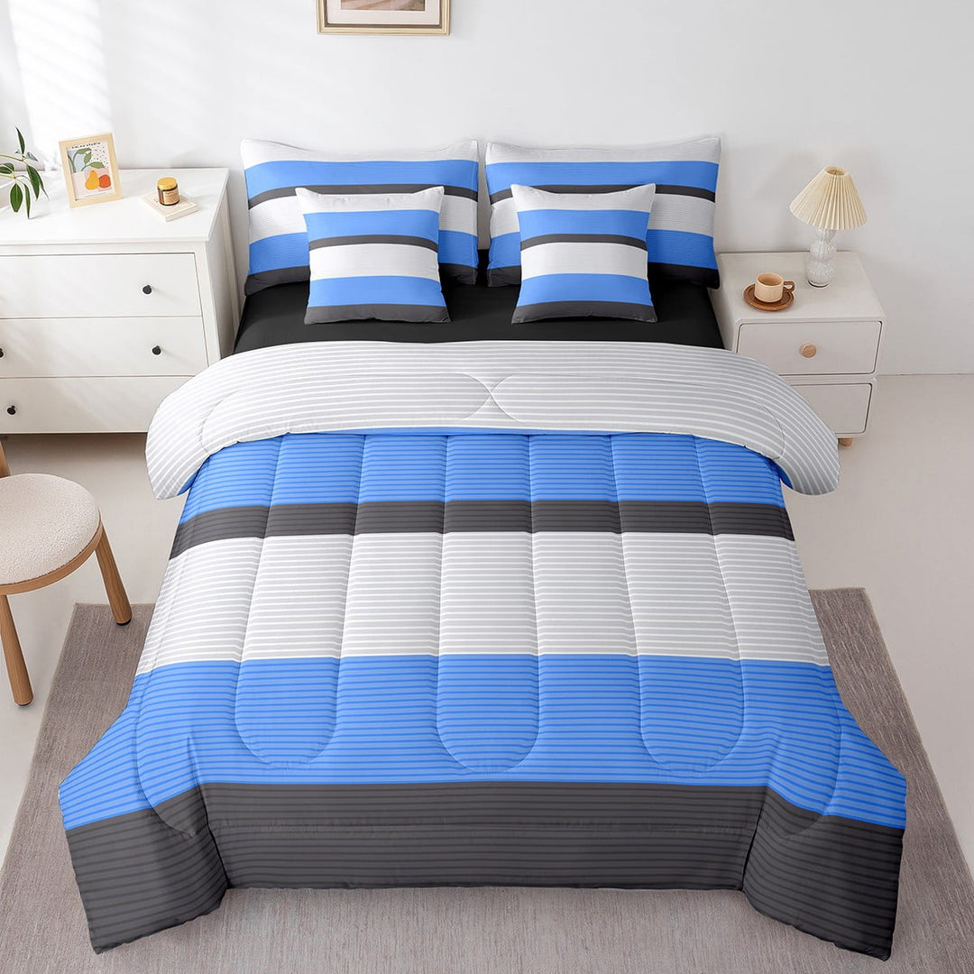 Erosebridal Blue Stripes Bedding Sets Twin Size,Geometric Lines Comforter Sets with Sheets,Geometric Theme Bed in a Bag Twin size,Ultra Soft Abstract Room Decor,Reversible,7pcs